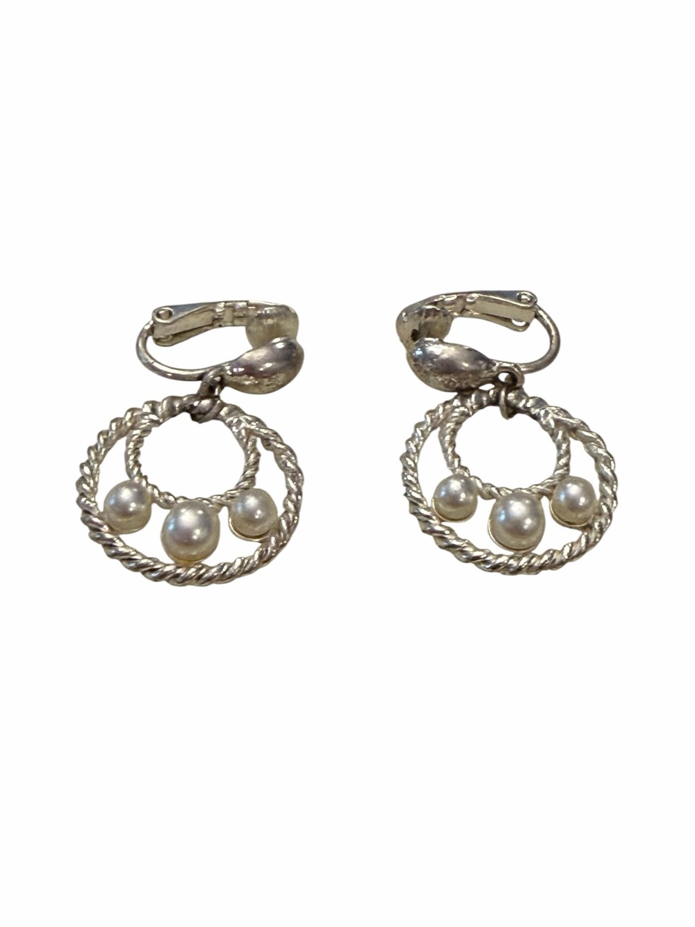 Silver Tone Dangle Earrings Clip On Twisted Rope Style Faux Pearls Office Formal - Picture 3 of 8
